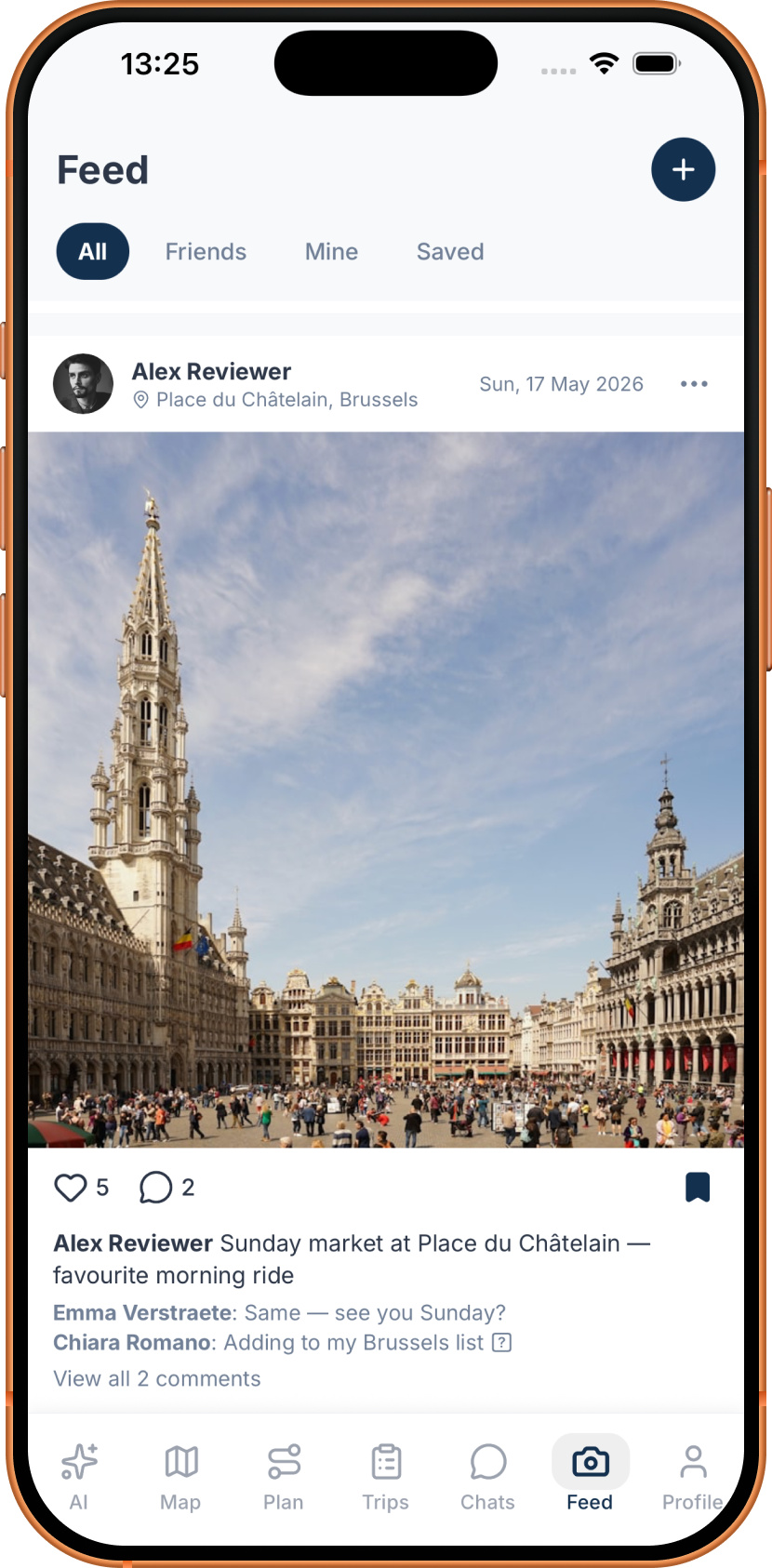 Travel feed post from Alex Reviewer at Brussels Grand Place with photo, likes and comments