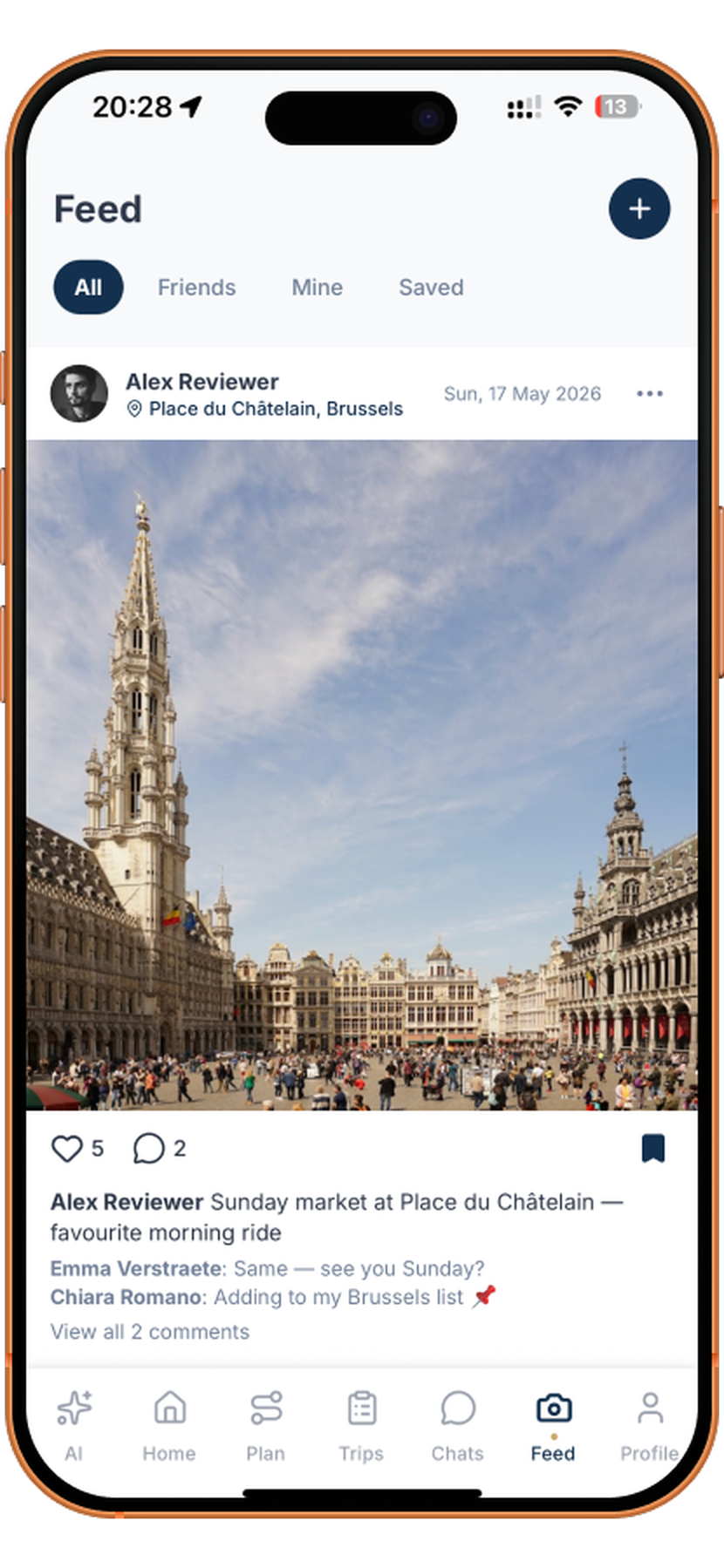 Travel feed post from Brussels Grand Place with a photo, likes and comments from friends