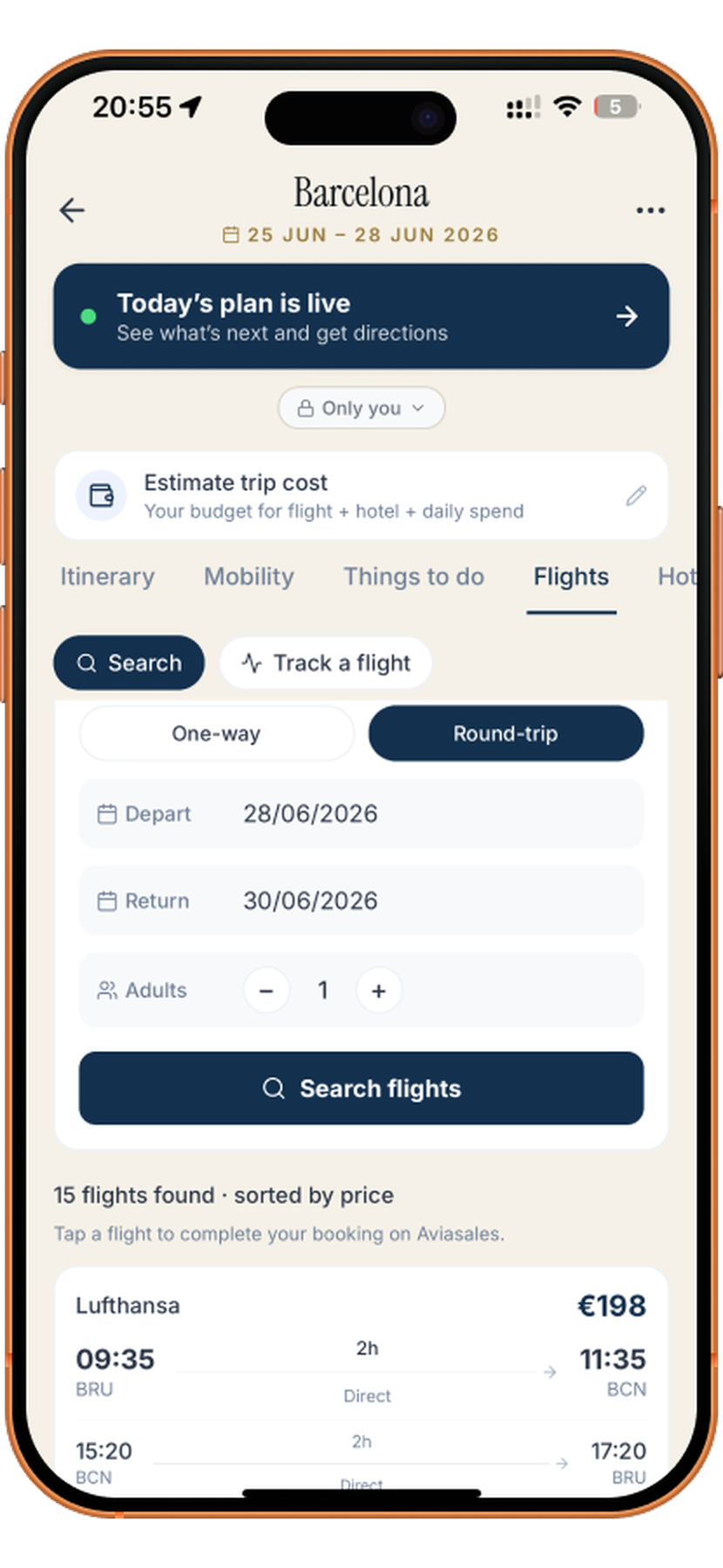 Flight search for a Barcelona trip with one-way and return options and live fares from 600+ airlines
