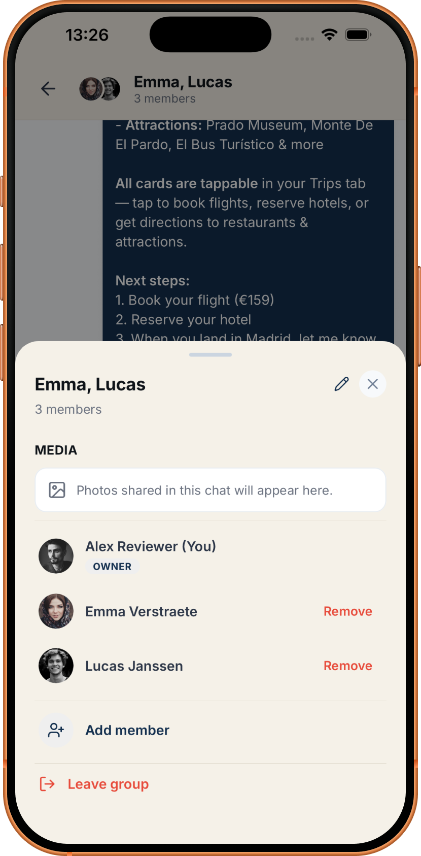 Group chat with Emma and Lucas showing a shared AI-generated trip itinerary message