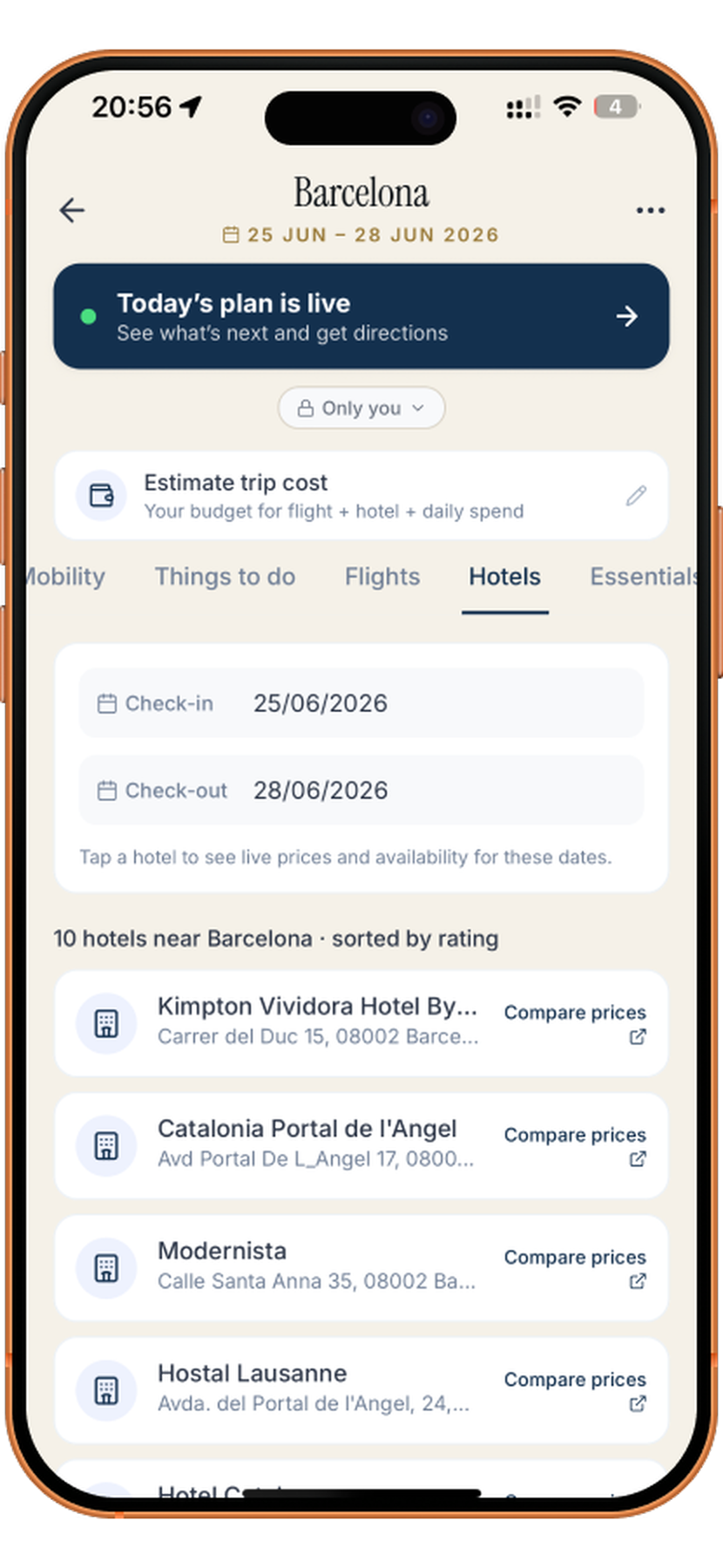 Hotel results for Barcelona with photos and compare-prices buttons