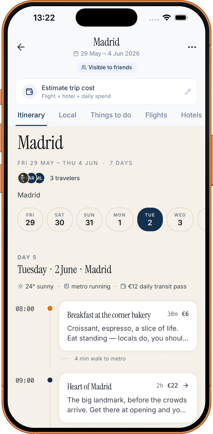Madrid day-by-day itinerary for Day 5, Tuesday 2 June — 24 degrees sunny, breakfast at the corner bakery, exploring the heart of Madrid