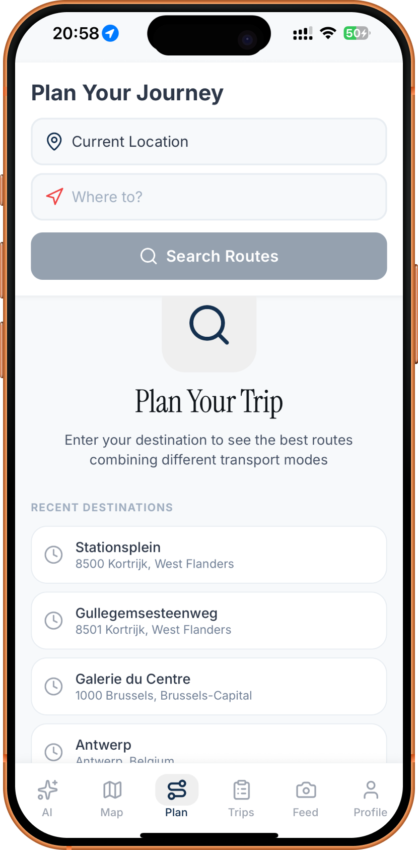 Plan Your Journey screen with recent destinations across Kortrijk, Brussels and Antwerp
