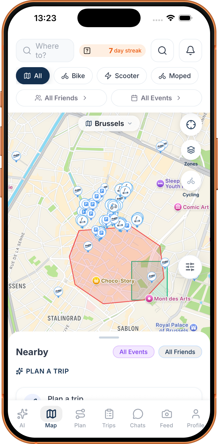 Brussels live map with operator pins, bike and scooter filters, and a 7-day streak badge
