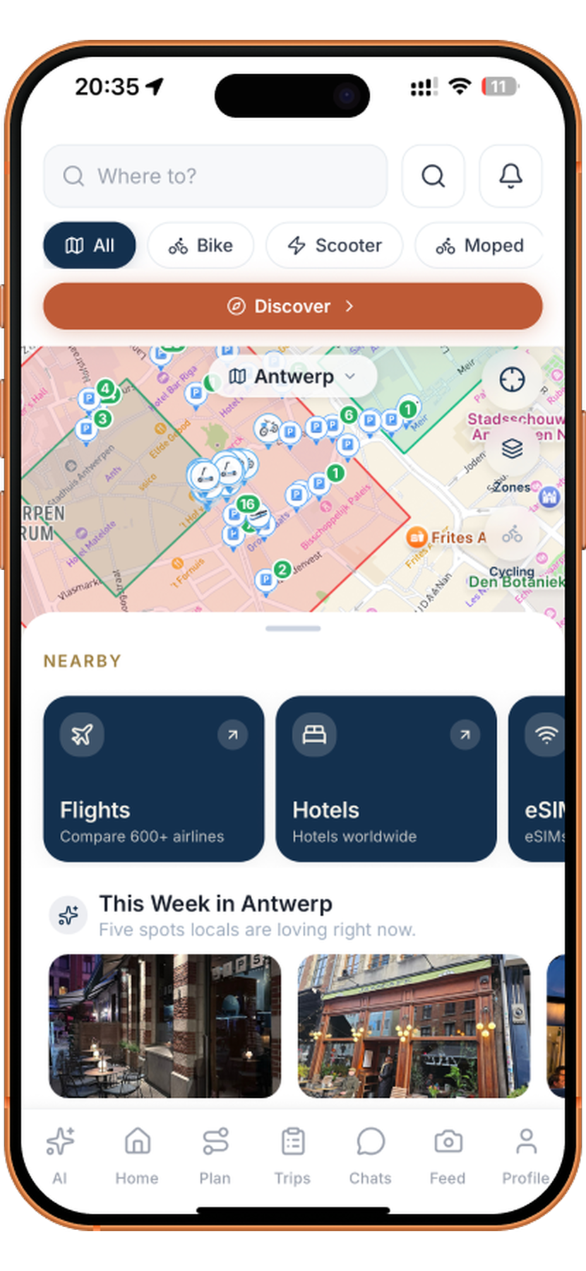 Live Antwerp map with operator pins, bike, scooter and moped filters, plus nearby flights and hotels