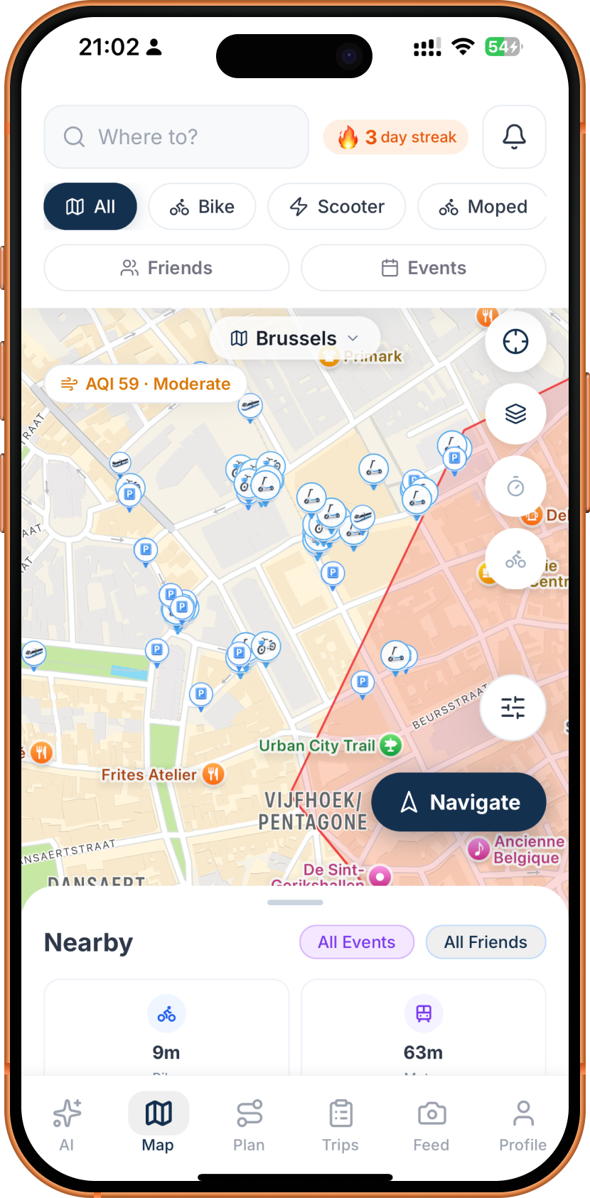 Live mobility map showing nearby bikes, scooters and mopeds in Brussels with a 3-day streak badge