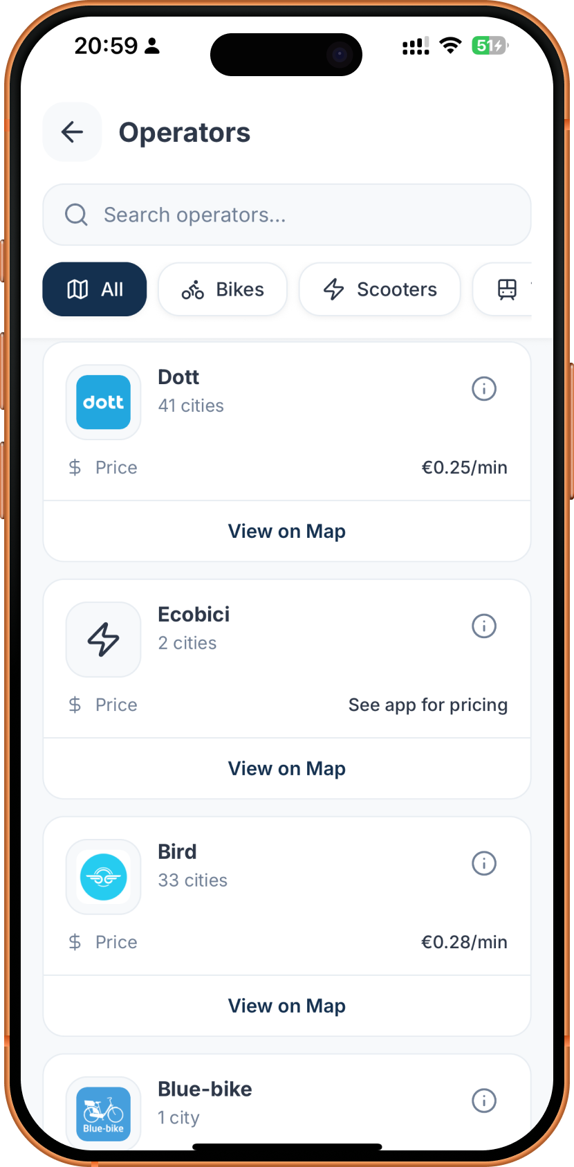 Operator directory showing Dott, Ecobici, Bird and Blue-bike with city counts and pricing