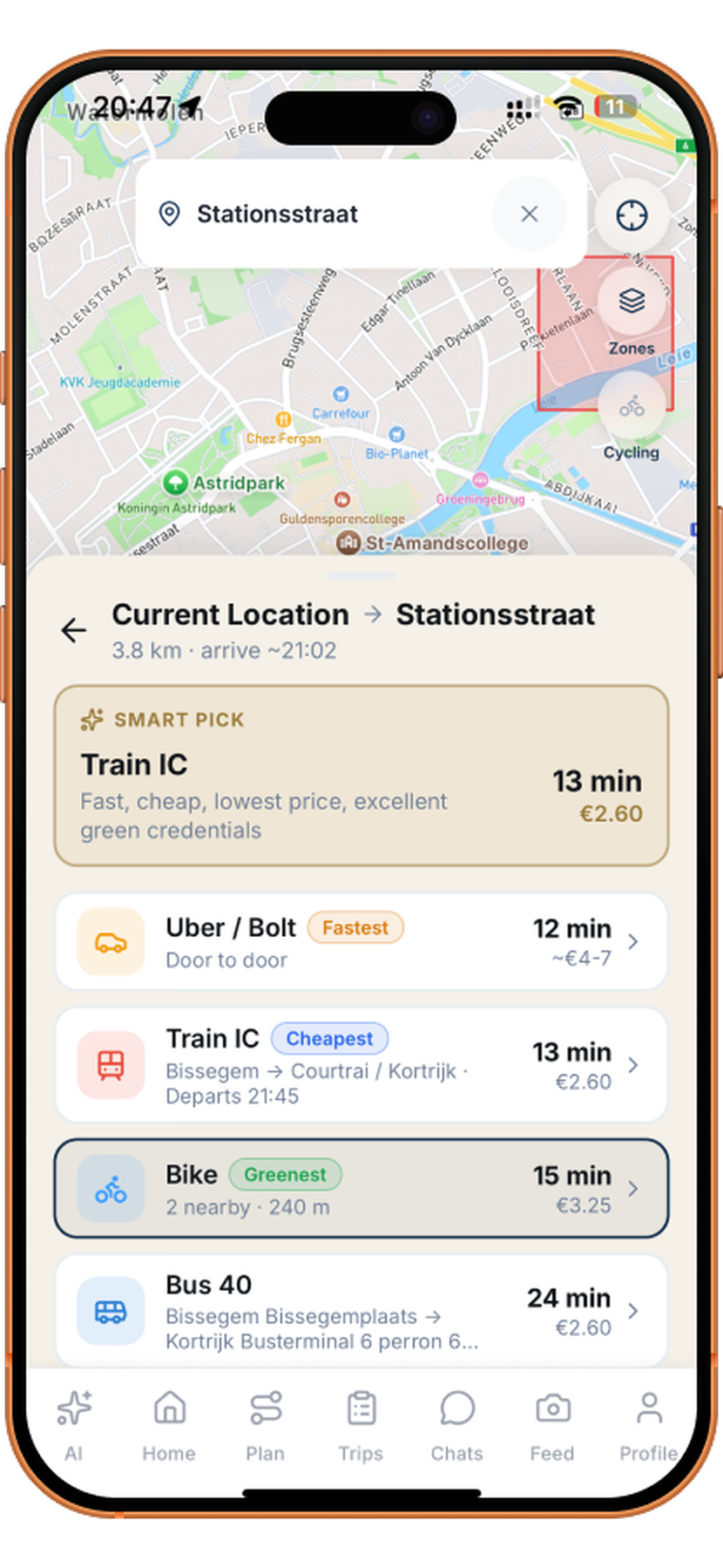 Multi-modal options to Stationsstraat — train, Uber, bike and bus, each with time and price
