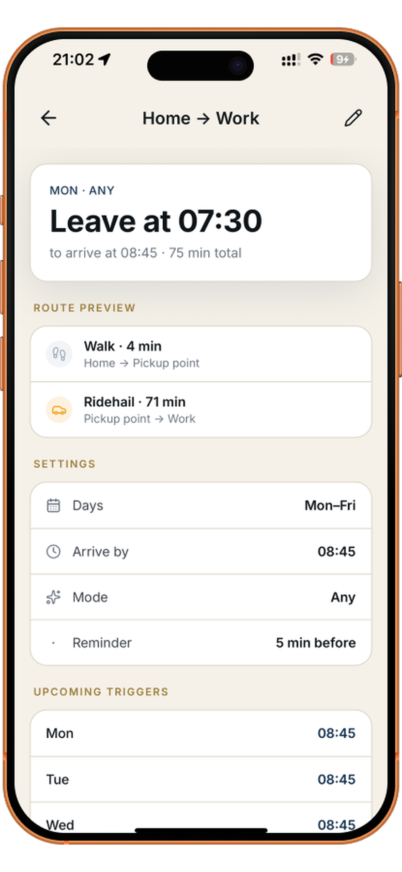 Daily Routine card: Home to Work, leave at 07:30, a four-minute walk plus an eleven-minute ride, repeating Monday to Friday