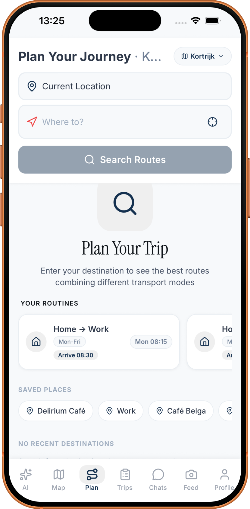 Plan Your Journey screen with Home to Work routine and saved places including Delirium Cafe and Cafe Belga