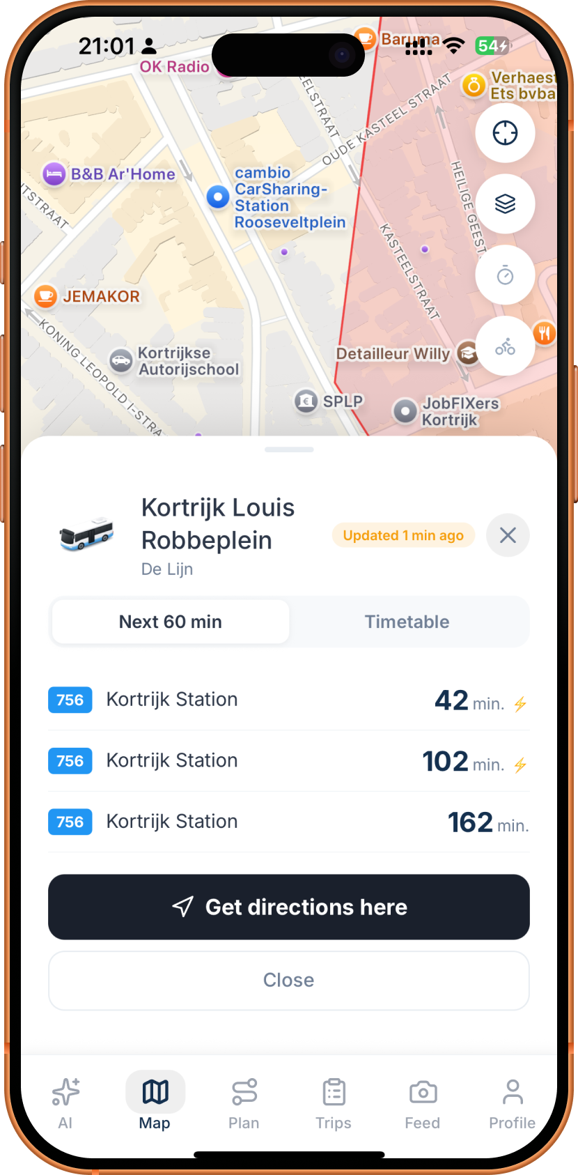 Bus stop detail for Kortrijk Louis Robbeplein showing the next three De Lijn arrivals