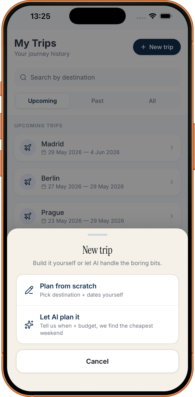 My Trips list with a new-trip sheet offering Plan from scratch or Let AI plan it
