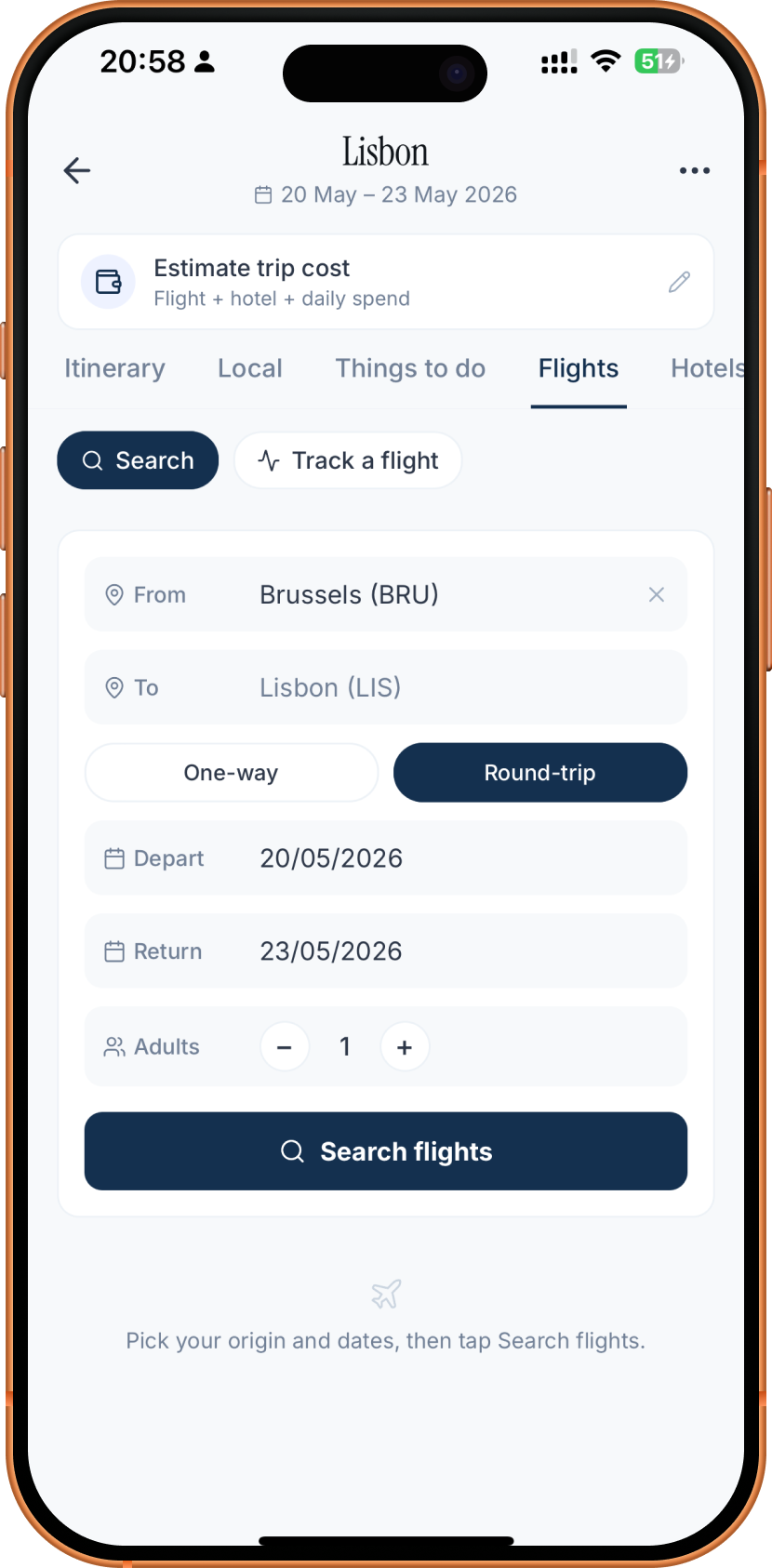 Flight search for Brussels to Lisbon, 20-23 May 2026, round-trip, two adults