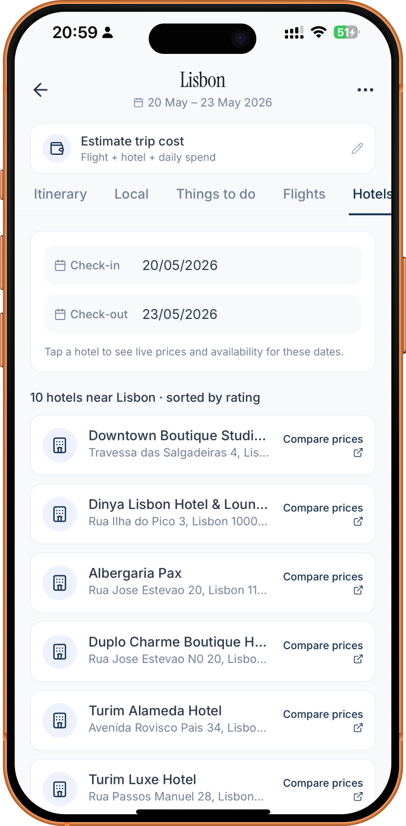 Hotels near Lisbon for 20-23 May 2026 — Downtown Boutique, Dinya Lisbon, Albergaria Pax