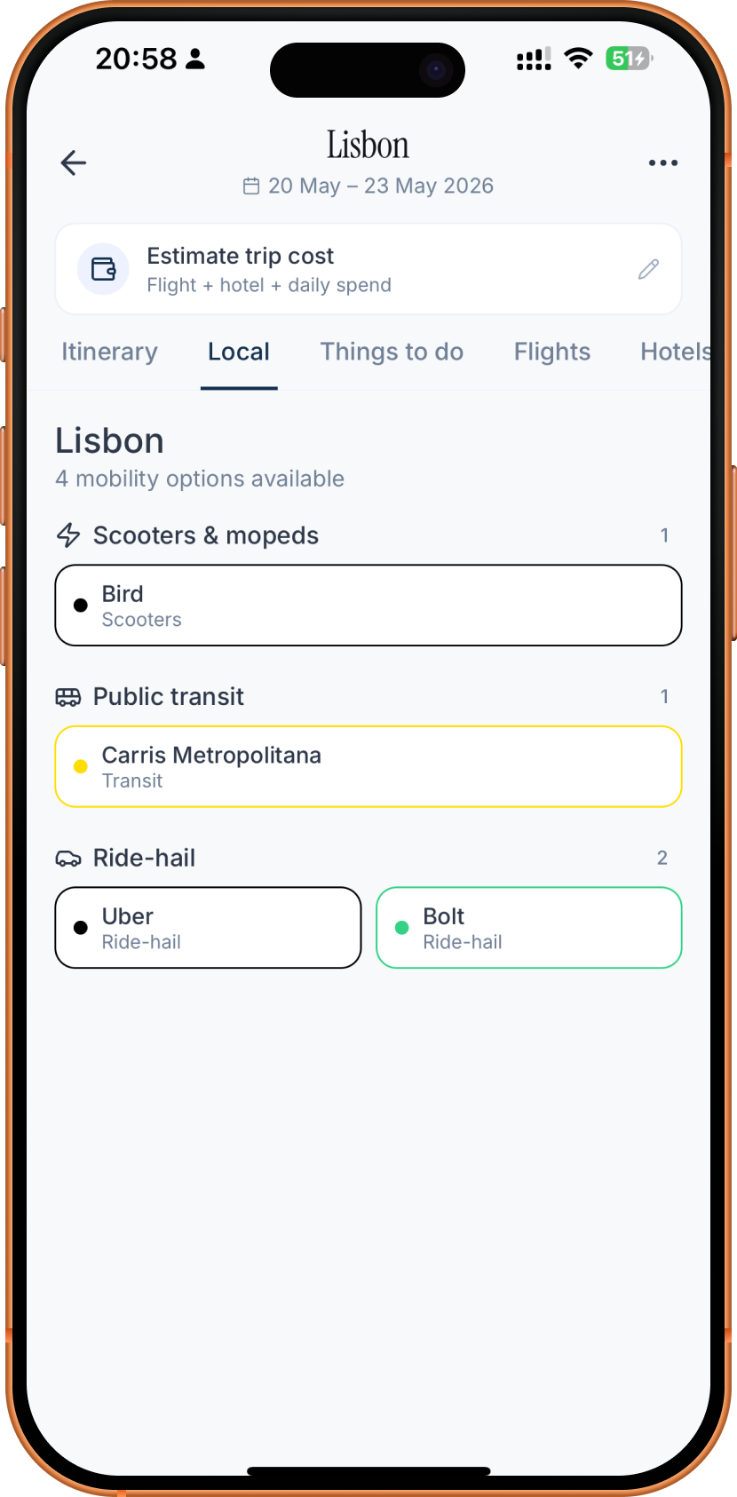 Lisbon destination panel showing Bird scooters, Carris Metropolitana transit and Uber/Bolt ride-hail