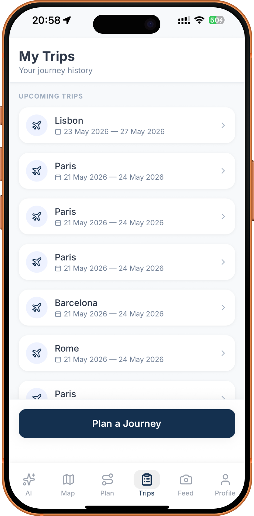 My Trips screen with upcoming journeys to Lisbon, Paris, Barcelona and Rome