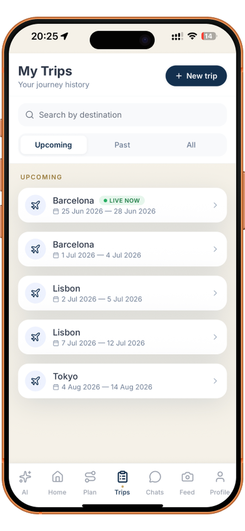 My Trips list with upcoming Barcelona, Lisbon and Tokyo journeys and a New trip button